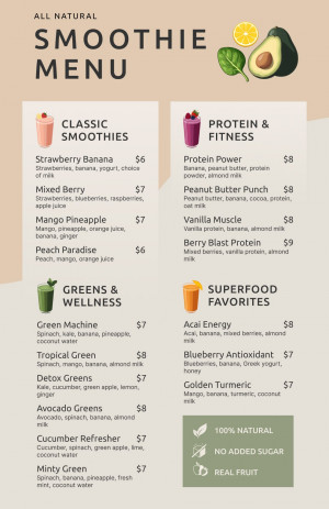 All Natural Smoothie Bar Menu