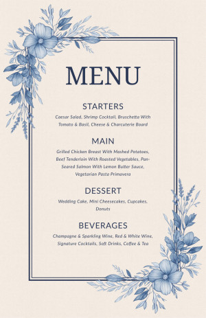 Blue Floral Elegant Wedding Menu