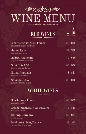 Classic Fine Dining Wine Menu
