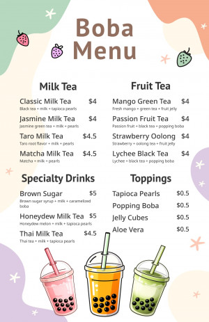 Cute Pastel Boba Tea Menu