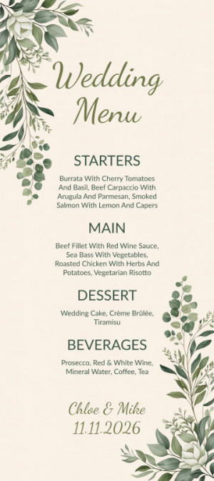Elegant Botanical Wedding Menu