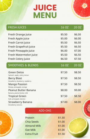 Fresh Citrus Juice Bar Menu