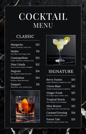 Luxury Nightclub Cocktail Menu