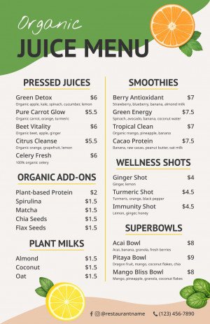 Organic Juice Bar Menu