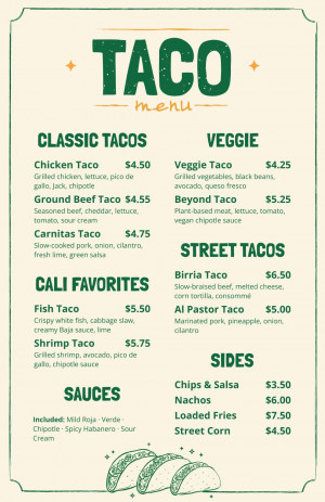 Rustic Taco Fiesta Menu