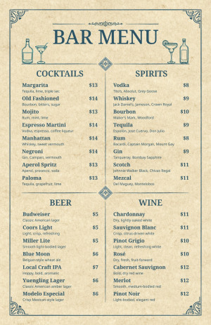 Vintage Classic Bar Menu
