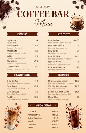 Warm Brown Ribbon Coffee Menu