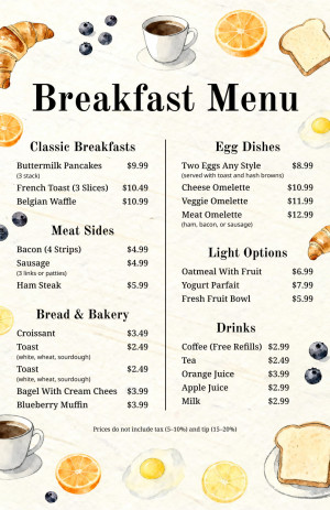 Watercolor Breakfast Menu
